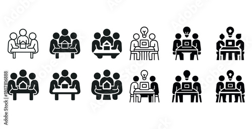 Icon set of collaborative group meetings with laptops and light bulb ideas