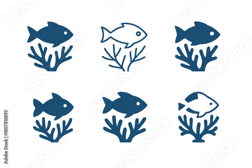 Sustainable Fishing Icons. Sustainable fishing. Icon set. Set Logo of sustainable fishing: reef protection icon. harmonious logo variations of the same