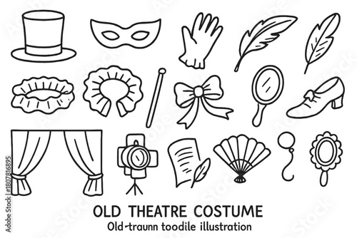 Vintage Theater Icons. Old theater costume. Hand-drawn doodle illustration Old theater costume hat, mask, glove, cane, ruffled collar, shoe, ribbon, mirror,
