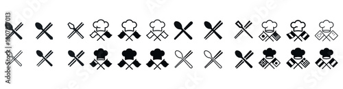 Collection of chef hat and utensil icons in black and white design