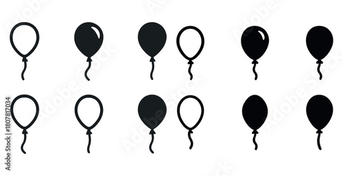 Set of black and white balloon icons in various designs