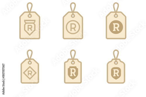 Custom Fashion Logos. Personalized fashion and custom clothing. Icon set. Set Logo of personalized fashion and custom clothing: clothing tag with personalized