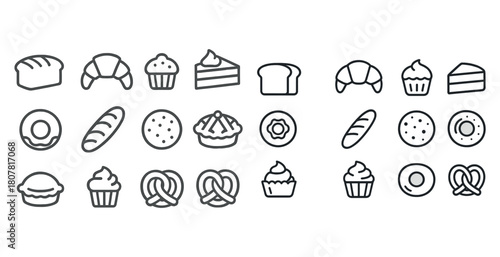 Assorted bakery icons: bread, muffin, doughnut, croissant, pretzel, cake outline