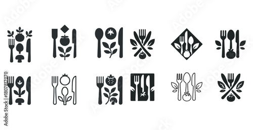 Stylized cutlery and vegetables icon set