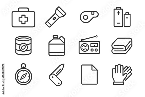 Emergency Preparedness Icons. Emergency preparedness. Line icon set of emergency preparedness: first aid kit, flashlight, whistle, batteries, canned food,
