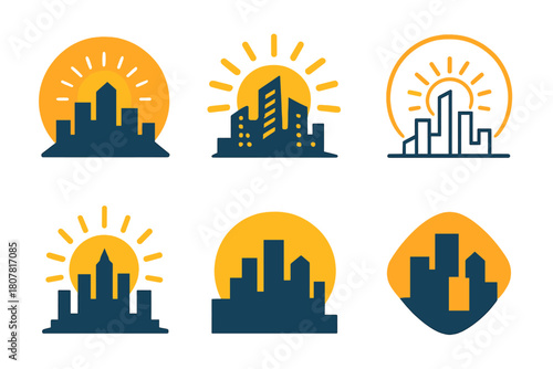Vibrant City Icons. Vibrant city life. Icon set. Set Logo of vibrant city life: modern city skyline with rising sun. harmonious logo variations of the same