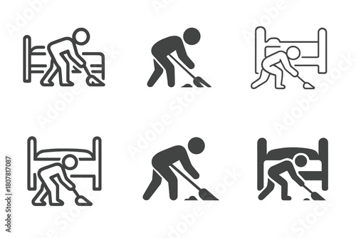 Under-Bed Cleaning Icons. Cleaning under the bed. Icon set. Set Logo of Cleaning under the bed: Person sweeping under bed. harmonious logo variations of the