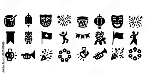 Festive icons: masks, flags, lanterns, drums, fireworks, celebrations