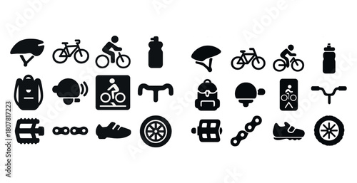 Bicycle icons: helmet, cyclist, water bottle, backpack, chain, pedal, wheel