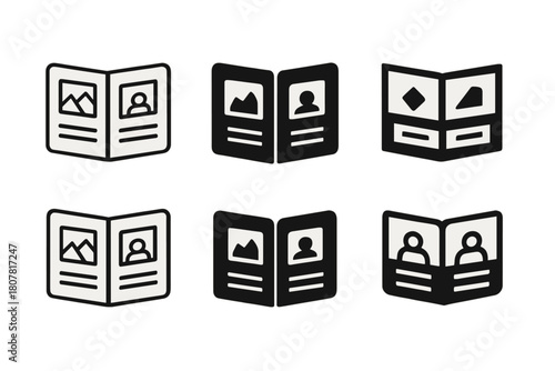 Family Album Icons. Creating family photo albums and scrapbooks. Icon set. Set Logo of creating family photo albums and scrapbooks: open photo album with