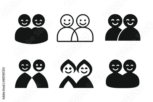 Smiling Friends Logo Set. Smiling. Icon set. Set Logo of smiling: friends smiling together. harmonious logo variations of the same emblematic concept, each