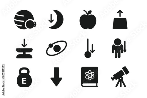Gravitational Force Icons. Gravitational force. Solid icon set of Gravitational force: planet, moon, apple, falling object, scale, orbit, pendulum, astronaut,