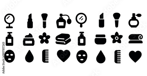 Set of beauty and skincare icons: makeup, perfume, skincare, and accessories