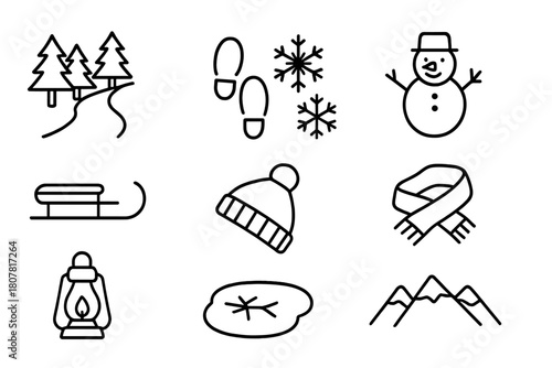 Winter Trail Icons. Winter trail. Line icon set of Winter trail: pine trees, snow-covered path, footprints in snow, snowflakes, snowman, sled, scarf, winter