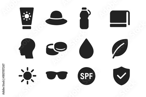 Outdoor Skincare Icons. Outdoor skincare. Solid icon set of Outdoor skincare: sunscreen tube, hat, water bottle, towel, face silhouette, cream jar, lotion