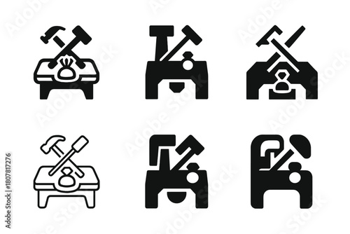 Jewelry Design Logos. Creating jewelry. Icon set. Set Logo of creating jewelry: jeweler?s workbench with tools and ring mold. harmonious logo variations of the