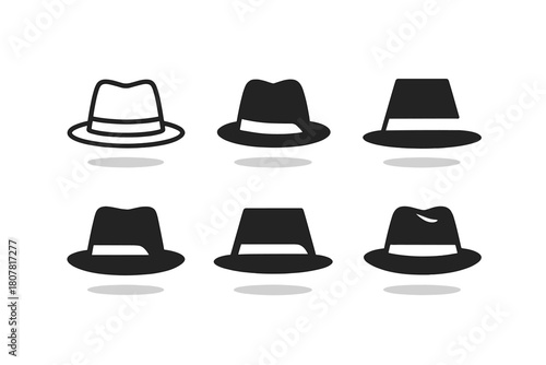 Fedora Logo Variations. Old hat. Icon set. Set Logo of old hat: classic fedora with gentle shadow. harmonious logo variations of the same emblematic concept,