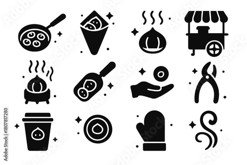 Roasted Chestnuts Icons. Roasted Chestnuts. Solid icons set of Roasted Chestnuts: chestnut pan, chestnut cone bag, steaming chestnut, street cart, charcoal