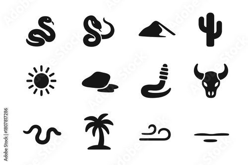 Desert Snake Icons. Desert Snakes. Solid icon set of Desert Snakes: sand viper, horned snake, sand dune, cactus, sun symbol, rock shadow, rattlesnake rattle,
