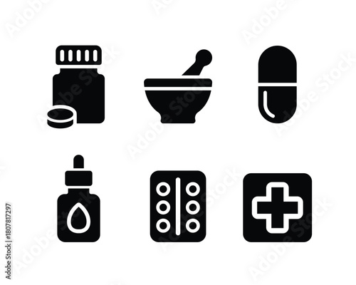 Pharmacy Icon Set – Monochrome Medicine and Healthcare Symbols
