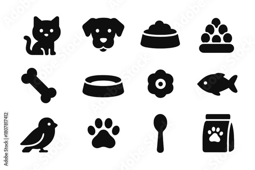 Animal Care Icons. Animal care routine. Solid icon set of Animal care routine: cat, dog, food bowl, kibble, bone, water bowl, treat, fish, bird, paw print,