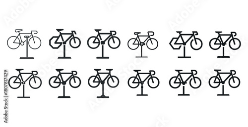 Set of twelve minimalist bike icons in black and white design