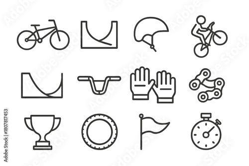 Freestyle BMX Icons. Freestyle BMX. Line icon set of freestyle BMX: BMX bike, halfpipe, helmet, biker mid-air, ramp, handlebars, gloves, chain, trophy, tire,