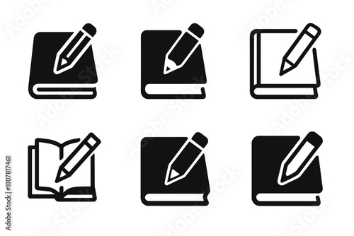 Sketchbook and Pencil Logos. Sketchbook and pencil on desk. Icon set. Set Logo of sketchbook and pencil on desk: pencil resting on notebook. harmonious logo