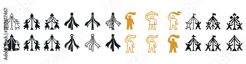 Abstract human figures and geometric shapes in monochrome and gold