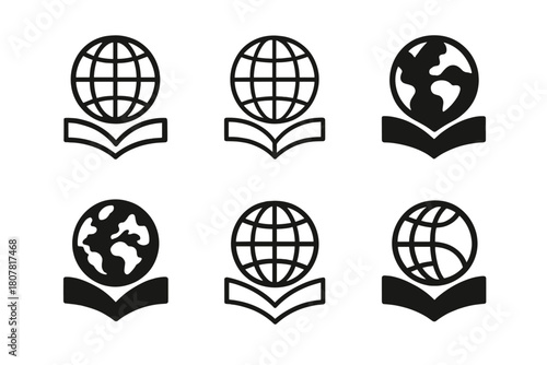 Library Logo Variations. Library. Icon set. Set Logo of library: globe and book representing world knowledge. harmonious logo variations of the same emblematic