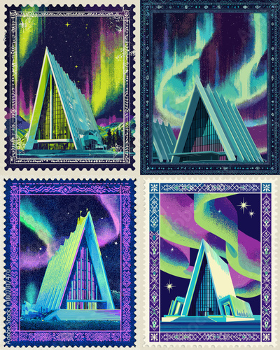 A vibrant set of illustrated stamps featuring modern architecture under colorful aurora lights in a dramatic night sky perfect for travel themes fantasy art and decorative designs.