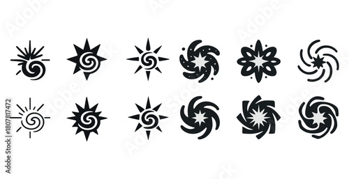 Set of twelve unique abstract spiral and star vector icons