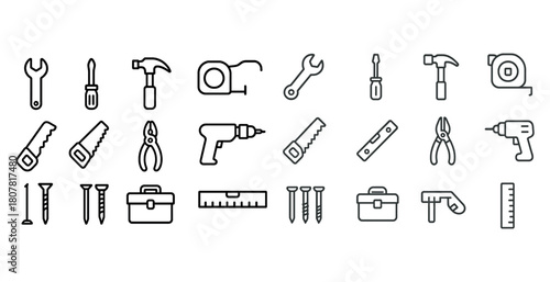 Variety of iconic tools including wrench, hammer, pliers, and screwdriver