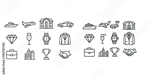 Luxury icons set featuring travel, real estate, fashion, and lifestyle symbols