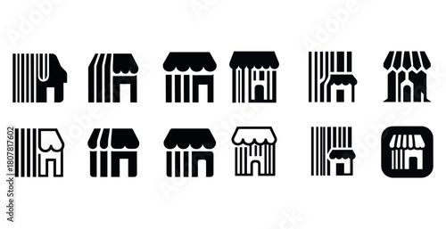 Set of black and white minimalist storefront icons with awnings
