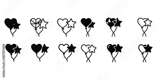 Set of heart and star shaped balloon icons with different designs