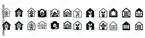 Black and white plant and house icons in assorted geometric shapes