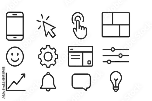 Mobile UX Icon Set. Mobile user experience. Line icon set of mobile user experience: smartphone, cursor, tap gesture, layout grid, smile face, gear, interface,