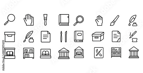 Library and writing icons: magnifying glass, book, brush, feather, box, shelf, pillar