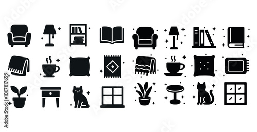 Home furniture and decor icons: armchair, bookshelf, lamp, plant, cat, window, mug, cushion