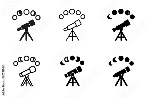 Moon Phases Icons. Moon phases. Icon set. Set Logo of moon phases: telescope viewing path trailing through phases. harmonious logo variations of the same