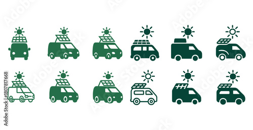 Green camper vans with solar panels under sun icons
