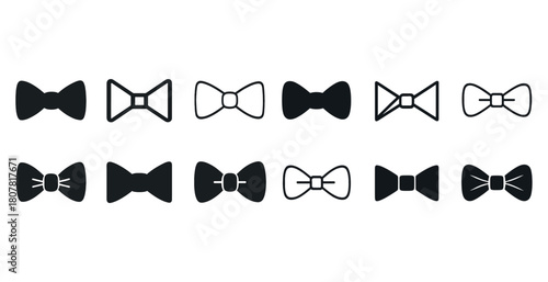Collection of black and white bow tie icons in various styles