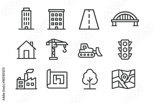 Urban Planning Icons. Urban expansion planning. Line icon set of Urban expansion planning: skyscraper, apartment building, road, bridge, house, construction