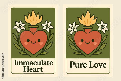 Heart of Pure Love. Immaculate Heart. Two vertical A6 banners with safe margins, centered composition, no elements touching edges, kawaii, olive green and