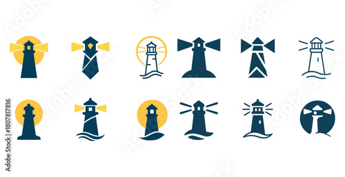 Collection of 12 unique lighthouse logos in minimalist style