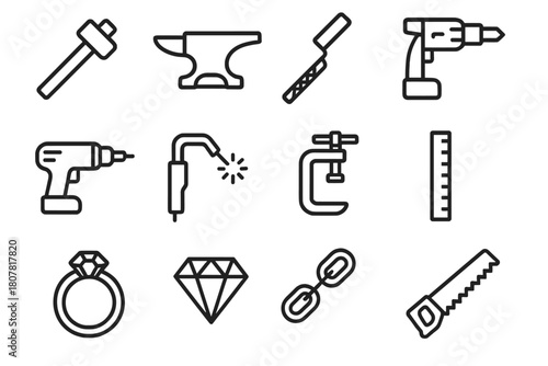 Precision Tool Icons. Precision Metalwork. Line icon set of Precision Metalwork: hammer, anvil, file, caliper, drill, torch, clamp, ruler, ring, gemstone,