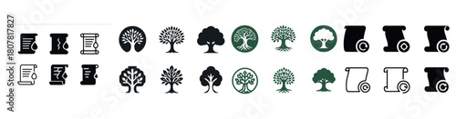 Collection of tree icons and scroll symbols in various styles