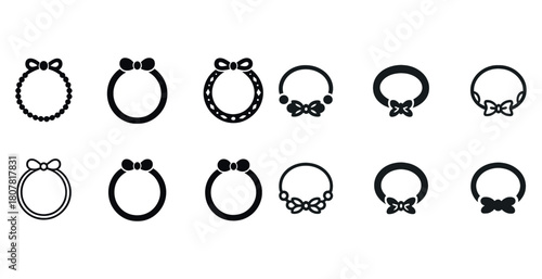 Set of black bow icons: circular designs for decorations