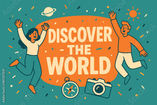 Explore the World. Discover the world banner, flat vector illustration, bold oversized text inside rounded blob, cartoon characters jumping and waving, compass